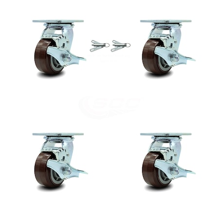 Service Caster 4 Inch Polyurethane Caster Set with Roller Bearings 4 Brake 2 Swivel Lock SCC SCC-30CS420-PPUR-TLB-BSL-2-TLB-2